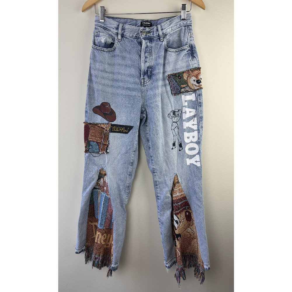 Playboy PacSun Reworked Upcycled Patchwork Denim Jeans Tapestry Boho Women's 27 - Picture 2 of 15